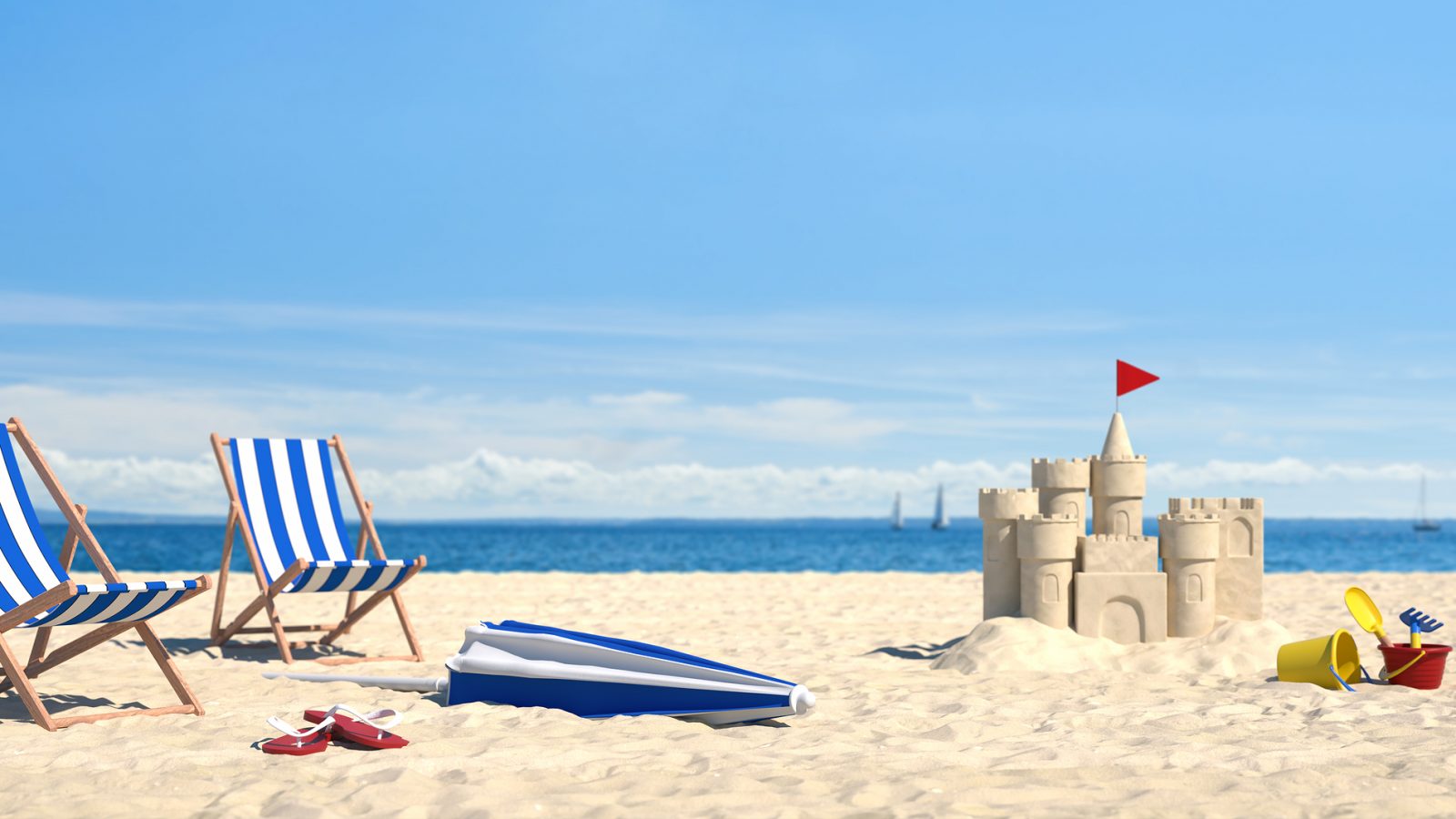 Couple beach chairs lying on the beach with castle in the sand and sea in the background (3d rendering)